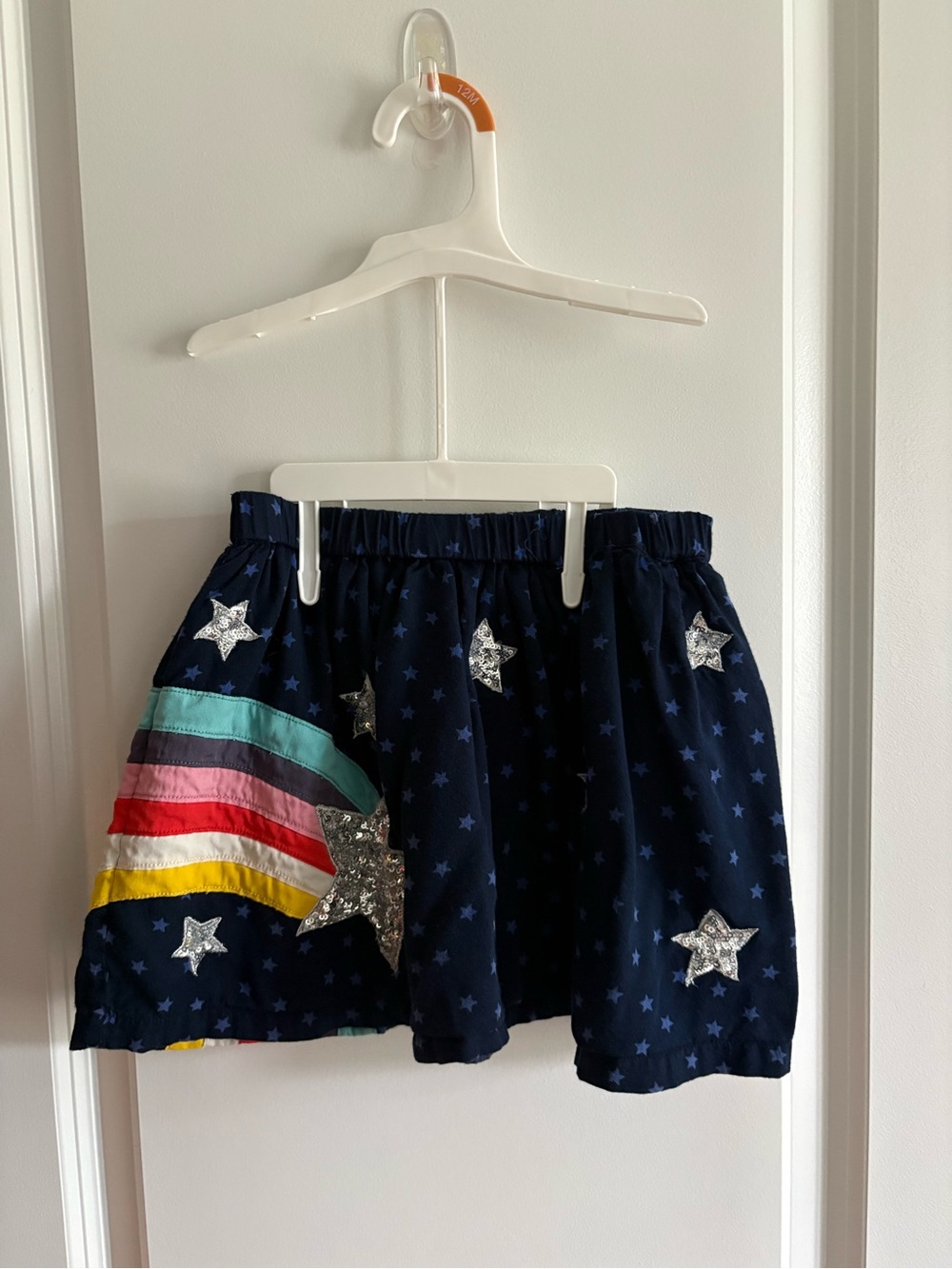 Mini Boden Navy Skirt with Silver Stars & Rainbow Stripe
